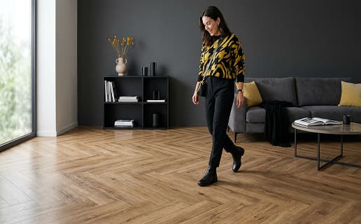 Woman walking on a beautiful wooden floor